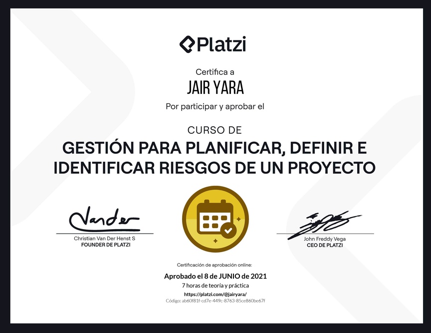 Diploma del Curso de Gestión para Planificar, Definir e Identificar Riesgos de un Proyecto