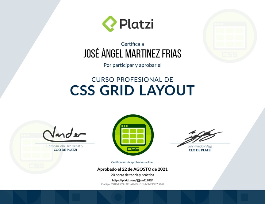 Diploma del Curso Profesional de CSS Grid Layout