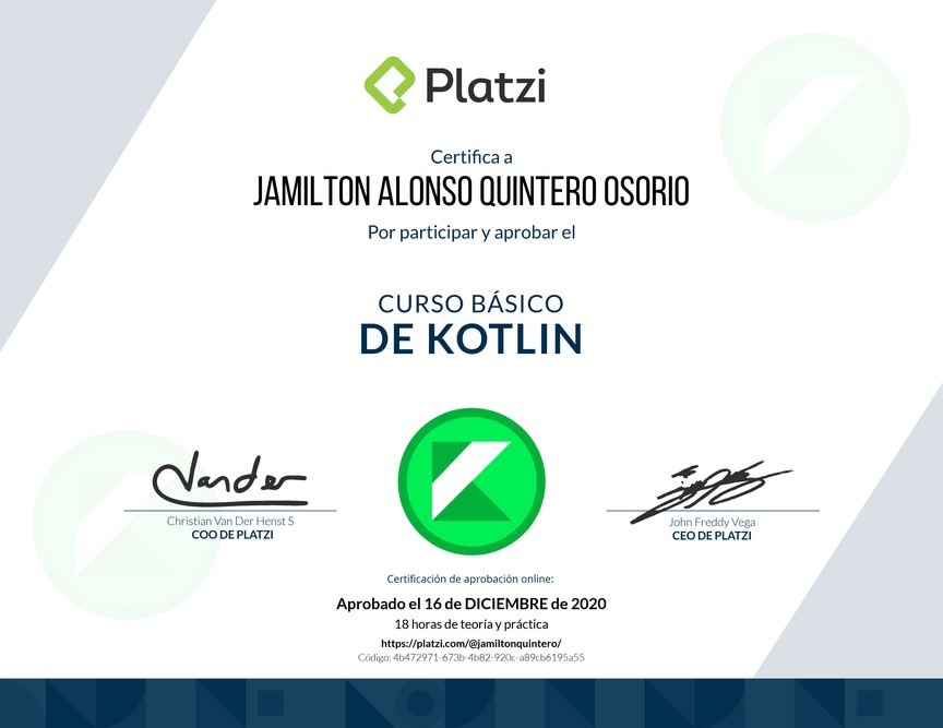 Diploma del Curso Básico de Kotlin 2019