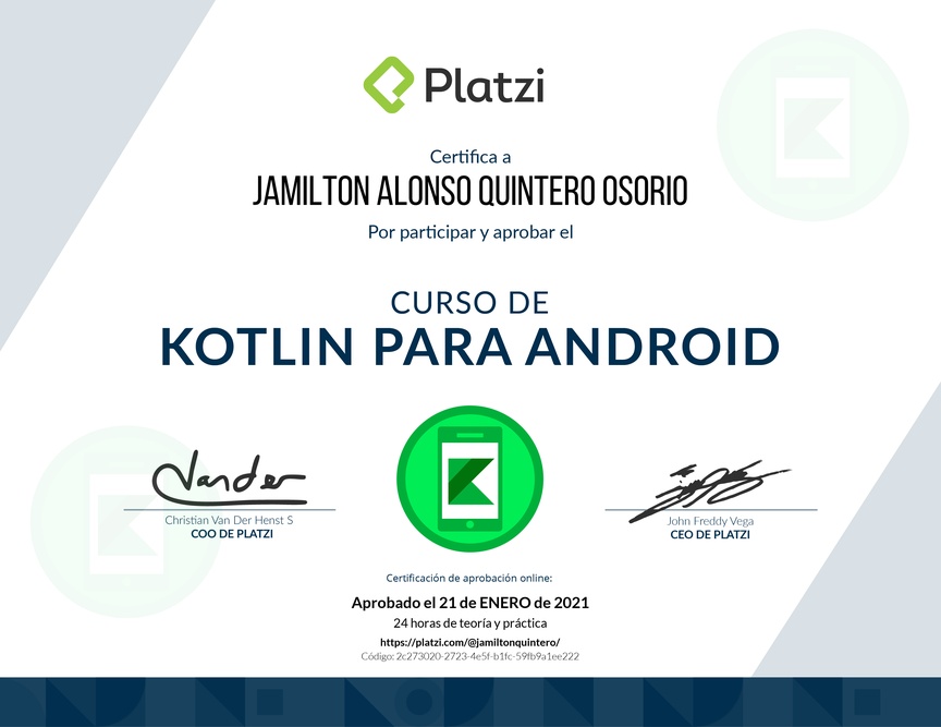 Diploma del Curso de Kotlin para Android