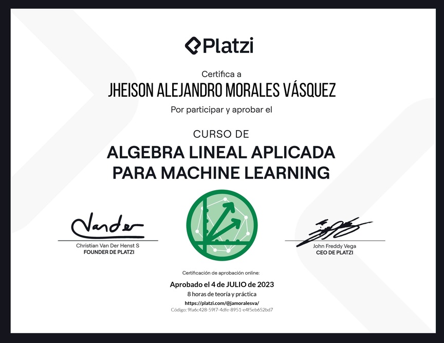 Diploma del Curso de Álgebra Lineal Aplicada para Machine Learning