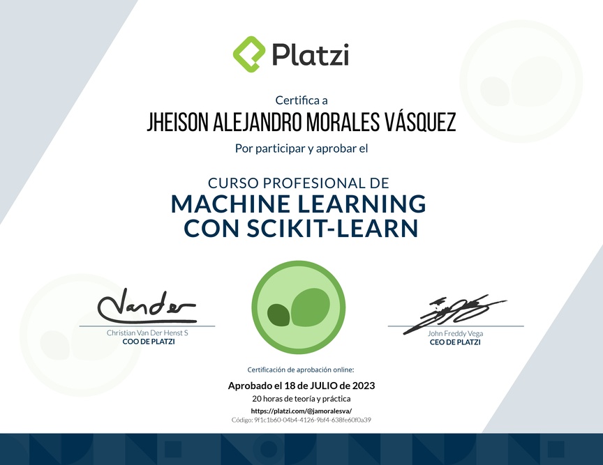 Diploma del Curso Profesional de Machine Learning con scikit-learn