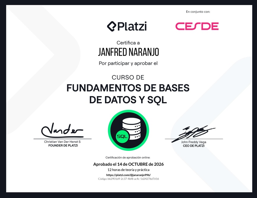 Diploma del Curso de Fundamentos de Bases de Datos y SQL