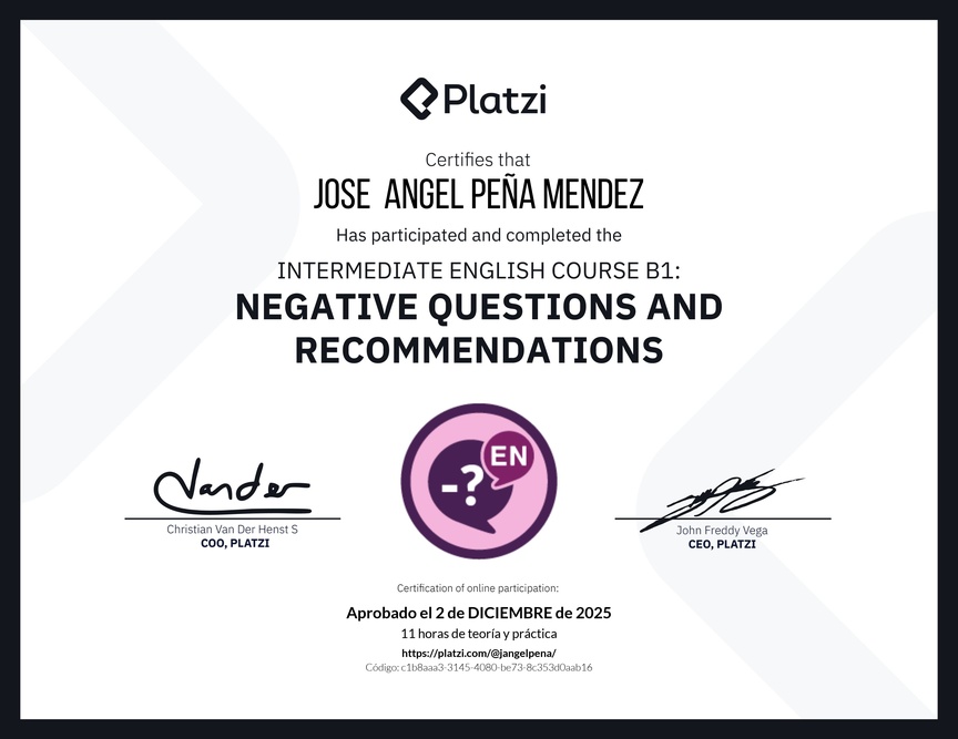 Diploma del Curso de Inglés Intermedio B1: Preguntas Negativas y Recomendaciones