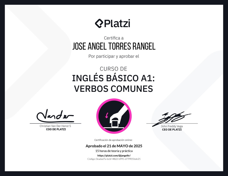 Diploma del Curso de Inglés Básico A1: Verbos Comunes