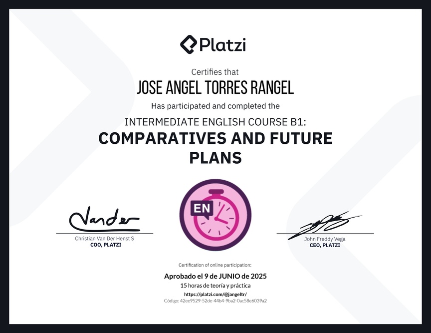 Diploma del Curso de Inglés Intermedio B1: Comparativos y Planes Futuros