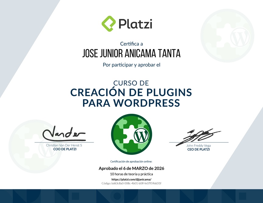 Diploma del Curso de Creación de Plugins para WordPress