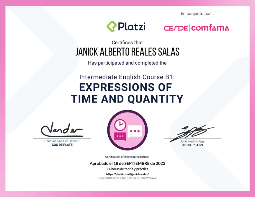 Diploma del Curso de Inglés Intermedio B1: Expresiones de Tiempo y Cantidad