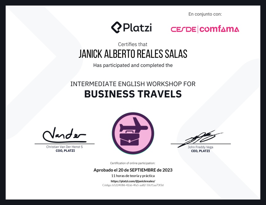 Diploma del Curso de Inglés Práctico para Viajes de Negocios