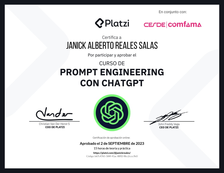 Diploma del Curso de Prompt Engineering con ChatGPT