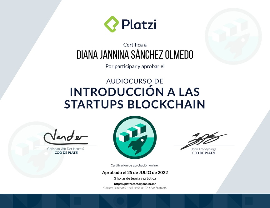 Diploma de Audiocurso de Introducción a las Startups Blockchain