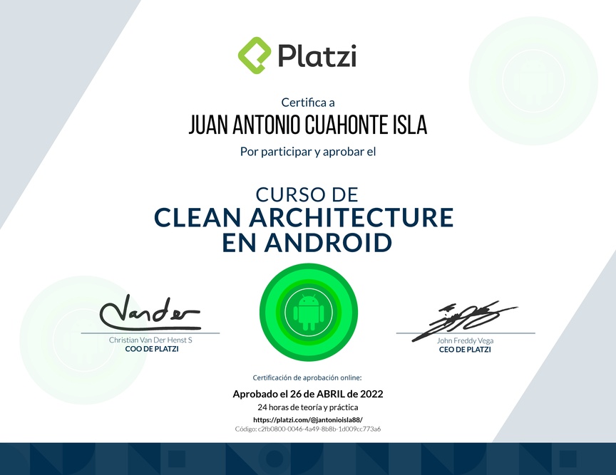 Diploma del Curso de Clean Architecture en Android
