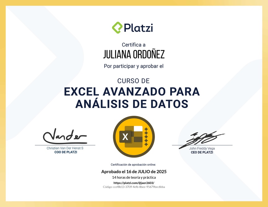 Diploma del Curso de Excel Avanzado para Análisis de Datos