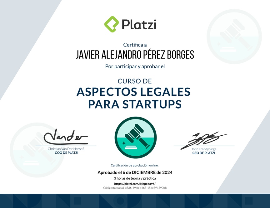 Diploma del Curso de Aspectos Legales para Startups