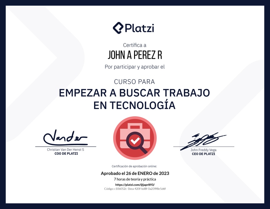 Diploma del Curso para Empezar a Buscar Trabajo en Tecnología