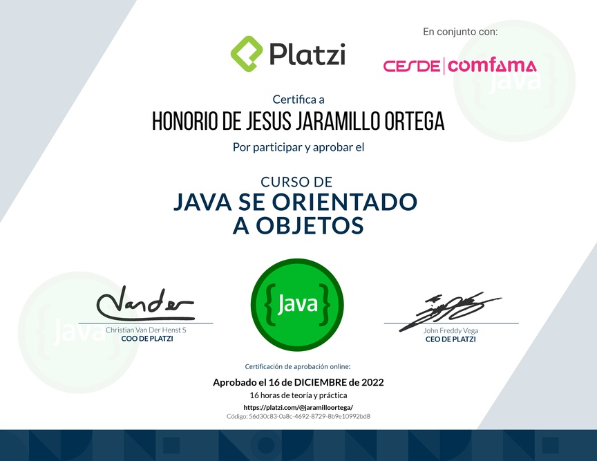 Diploma del Curso de Java SE Orientado a Objetos