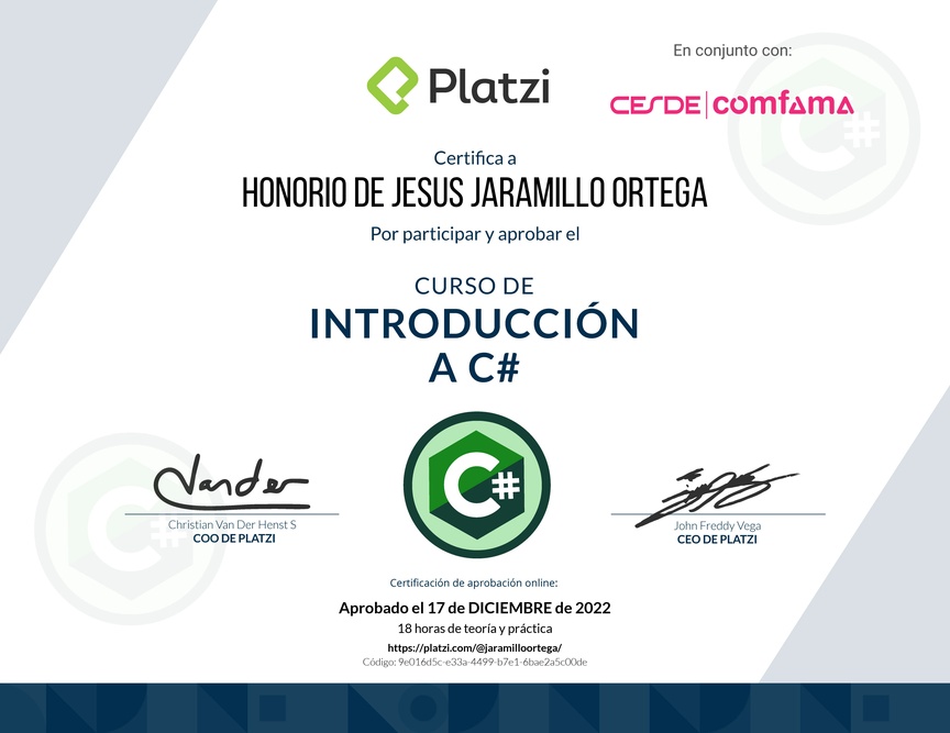 Diploma del Curso de Introducción a C# con .NET 3.1