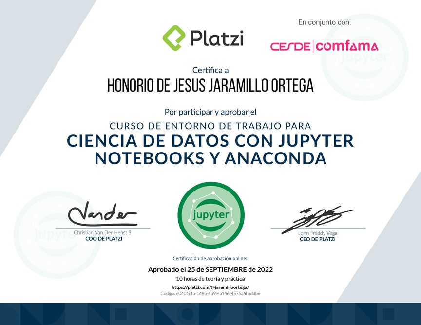 Diploma del Curso de Entorno de Trabajo para Ciencia de Datos con Jupyter Notebooks y Anaconda