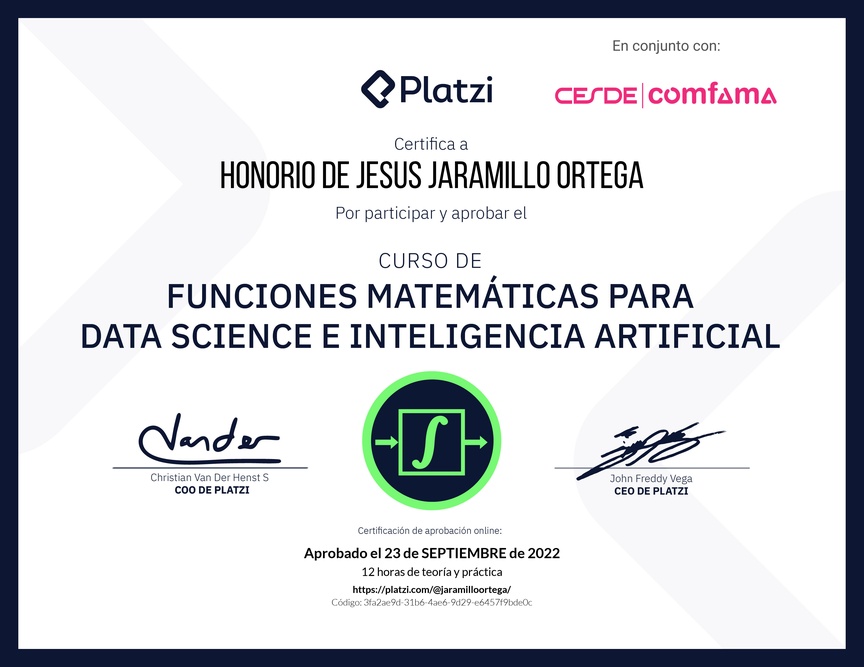 Diploma del Curso de Funciones Matemáticas para Data Science e Inteligencia Artificial