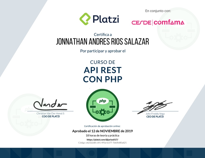 Diploma del Curso de API REST con PHP