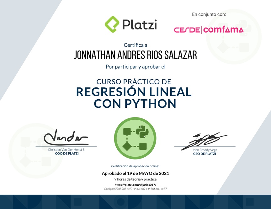 Diploma del Curso Práctico de Regresión Lineal con Python