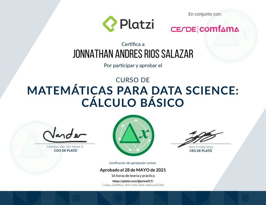 Diploma del Curso de Matemáticas para Data Science: Cálculo Básico