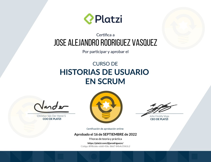 Diploma del Curso de Historias de Usuario en Scrum