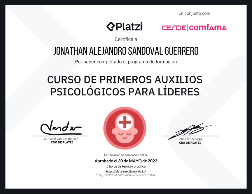 Diploma del Curso de Primeros Auxilios Psicológicos para Líderes
