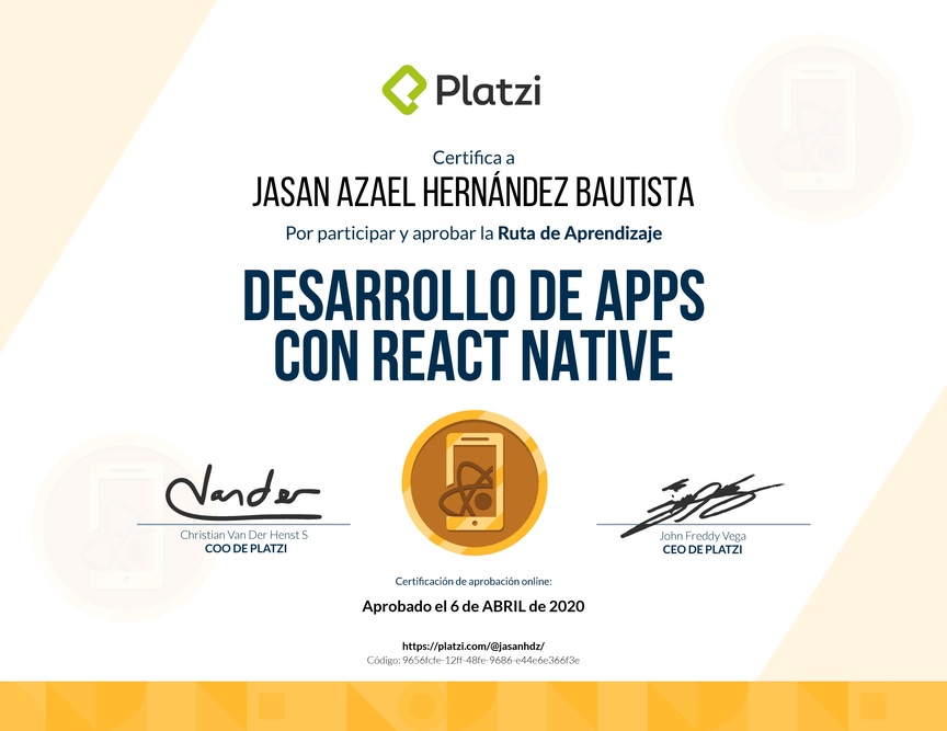 Diploma de la Ruta de Aprendizaje de Desarrollo de Apps con React Native