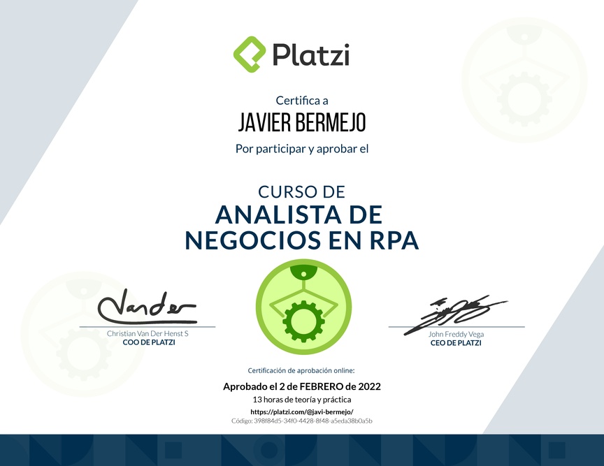 Diploma del Curso de Business Analyst para RPA