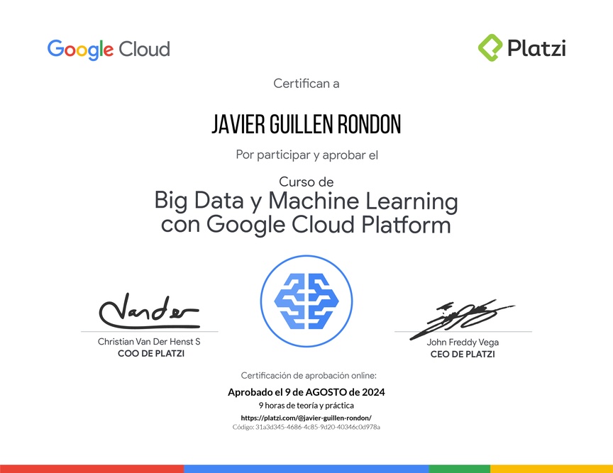 Diploma del Curso de Big Data y Machine Learning con Google Cloud Platform