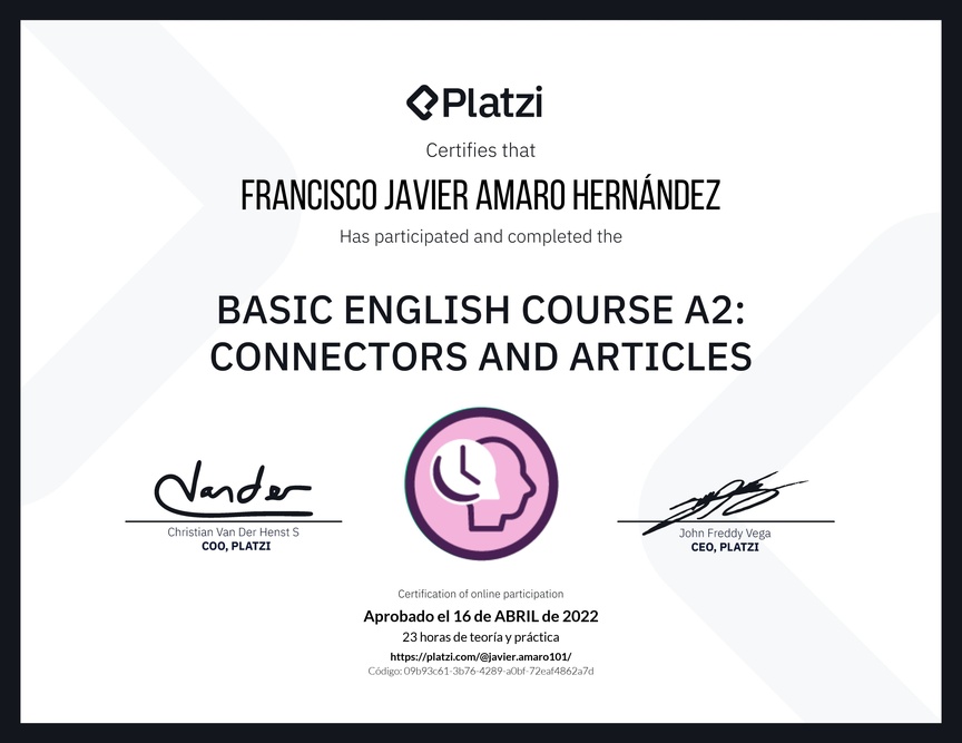 Diploma del Curso de Inglés Básico A2: Conectores y Artículos