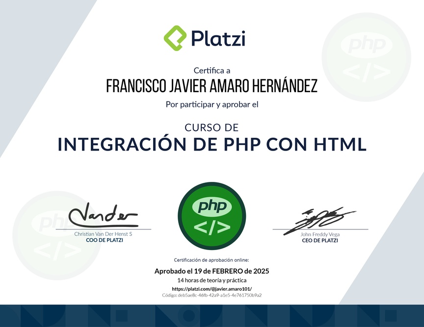 Diploma del Curso de PHP: Integración con HTML