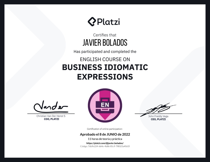 Diploma del Curso de Expresiones Idiomáticas de Negocios en Inglés