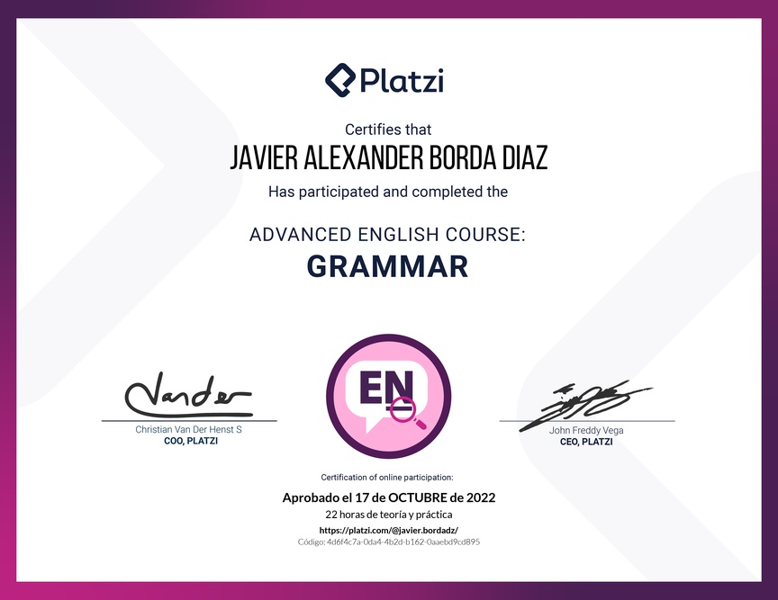 Diploma del Curso Avanzado de Gramática en Inglés (2020)