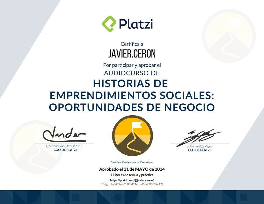 Diploma de Audiocurso de Historias de Emprendimientos Sociales y Oportunidades de Negocio