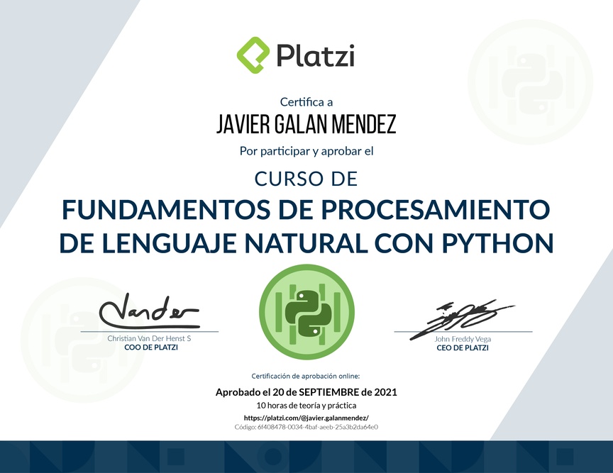 Diploma del Curso de Fundamentos de Procesamiento de Lenguaje Natural con Python y NLTK