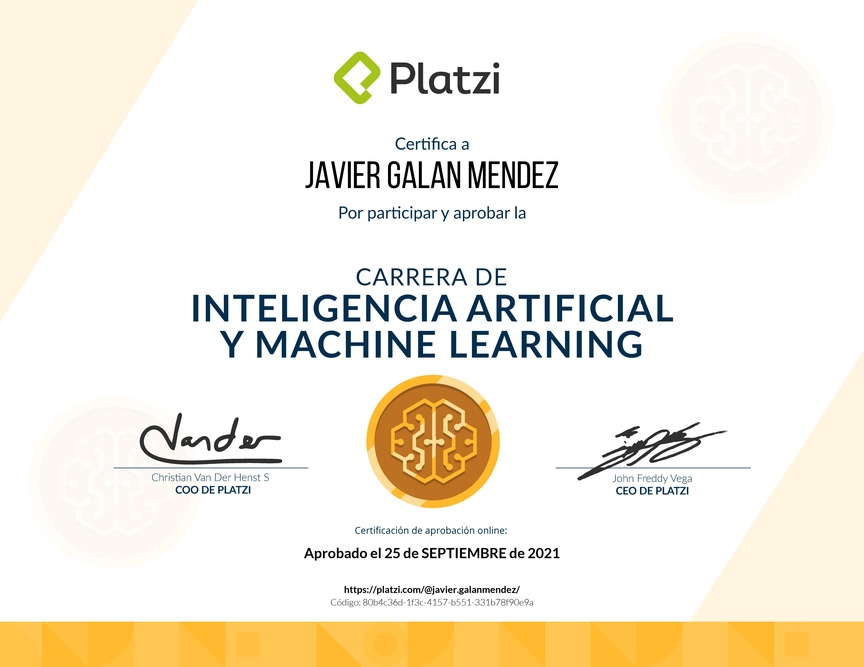 Diploma de la Ruta de Aprendizaje de Inteligencia Artificial y Machine Learning