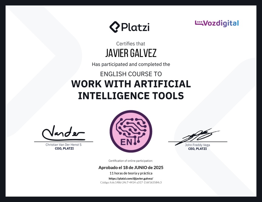 Diploma del Curso de Inglés para el Uso de Inteligencia Artificial