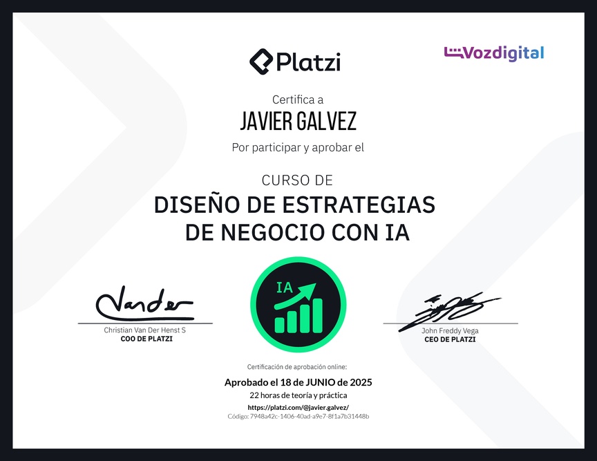 Diploma del Curso de Diseño de Estrategias de Negocio con Inteligencia Artificial: Optimización y Personalización