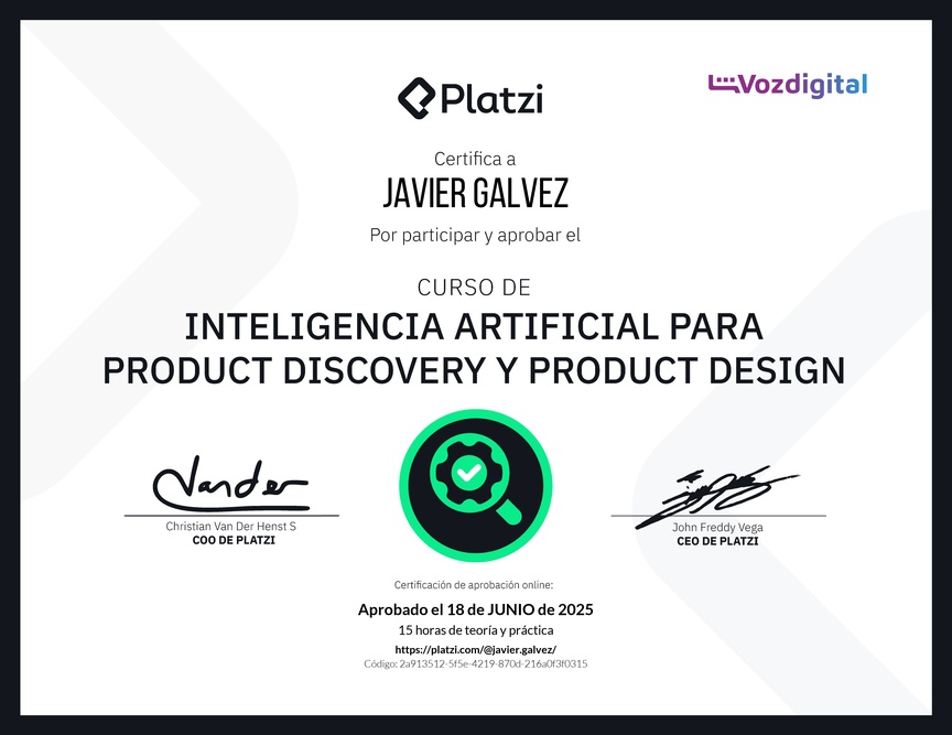 Diploma del Curso de Inteligencia Artificial para Product Discovery y Product Design: Herramientas y Técnicas