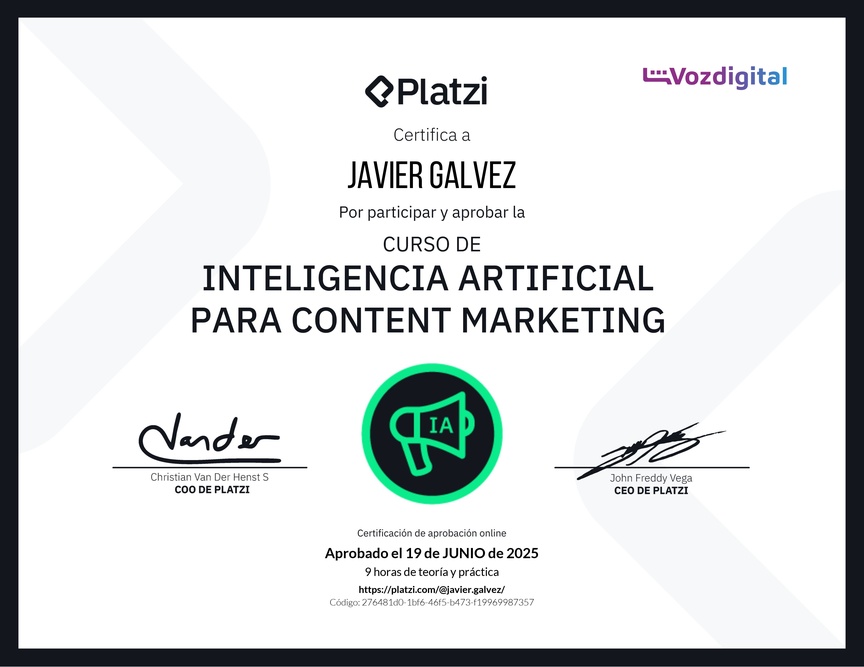 Diploma del Curso de Inteligencia Artificial para Content Marketing