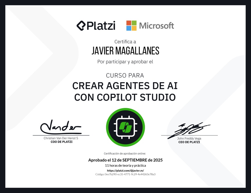 Diploma del Curso Gratis para Crear Agentes de AI con Copilot Studio