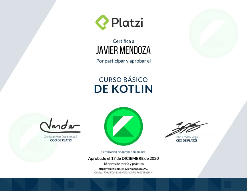 Diploma del Curso Básico de Kotlin 2019