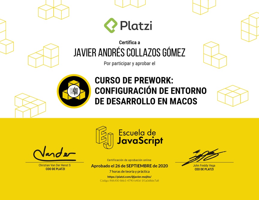Diploma del Curso de Prework: Buenas Prácticas y Entorno de Desarrollo en macOS 2019