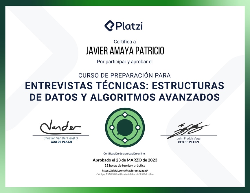 Diploma del Curso de Entrevistas Técnicas: Estructuras de Datos y Algoritmos Avanzados