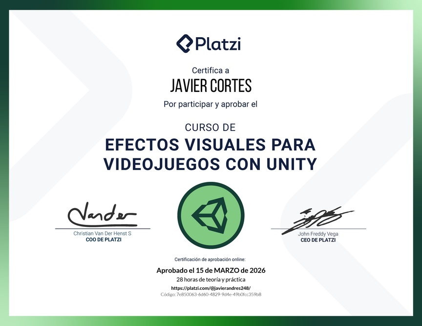 Diploma del Curso de Efectos Visuales para Videojuegos con Unity