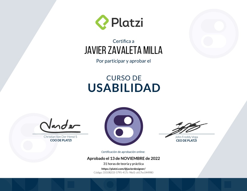 Diploma del Curso de Usabilidad: Principios, Pruebas y Herramientas Avanzadas