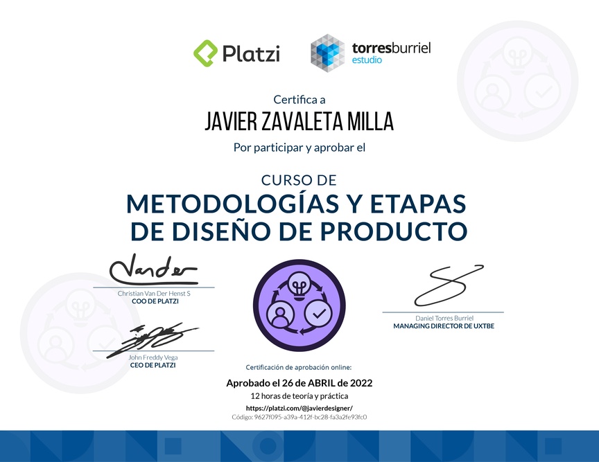 Diploma del Curso de Metodologías de Diseño de Productos Digitales