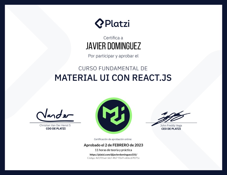 Diploma del Curso Fundamental de Material UI con React